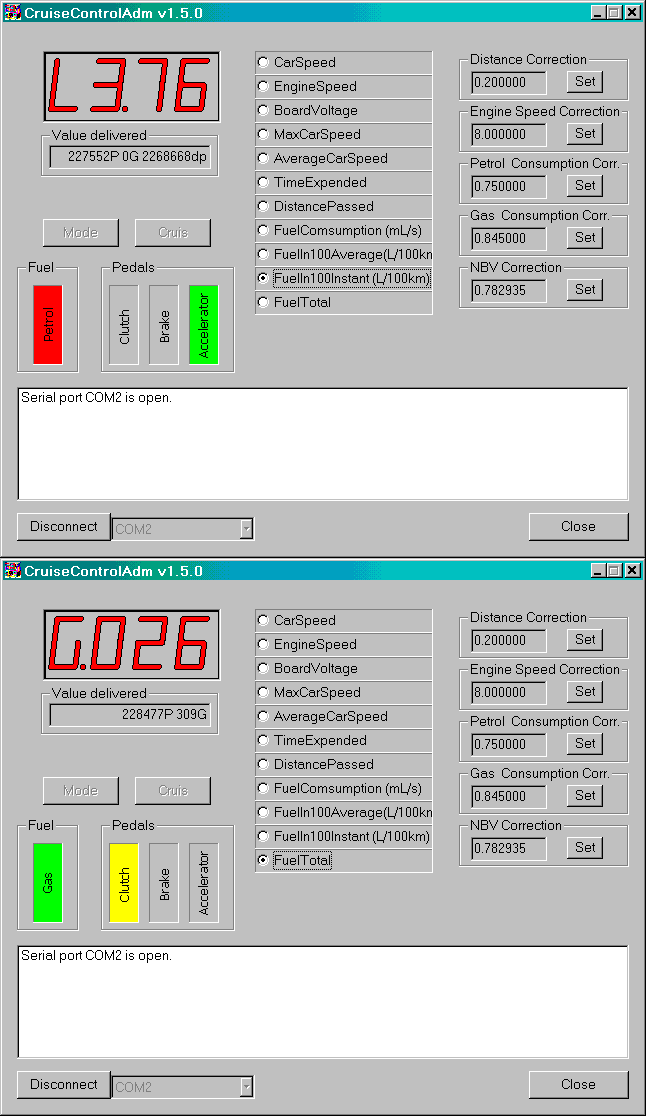 Для адаптирования БК к датчикам и корректировки отображаемой информации существует программное обеспечение 'CruiseControlAdm'